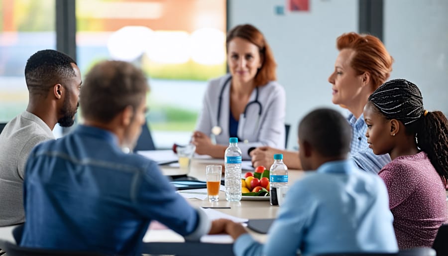 Community members and healthcare providers discussing policies to support family-centered care