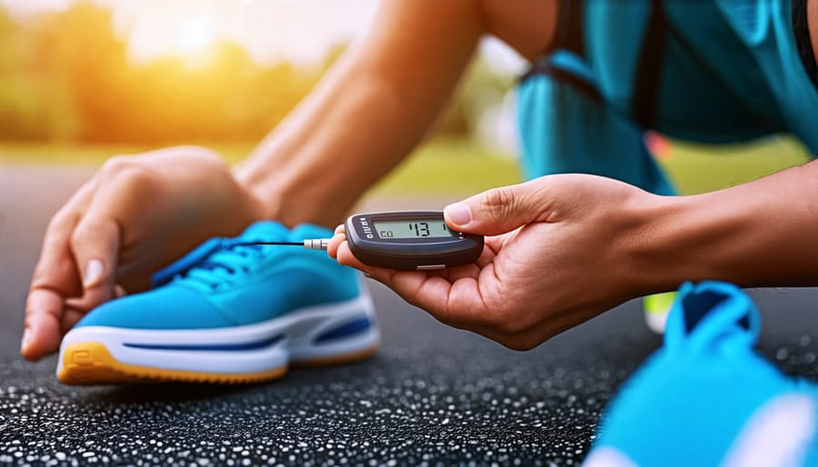 Person with diabetes using glucometer to check blood sugar levels after physical activity
