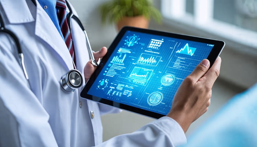 Healthcare worker accessing electronic health records on a tablet device