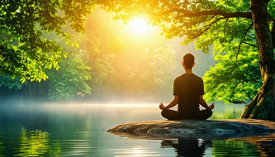 Person practicing mindfulness and self-care through meditation in nature