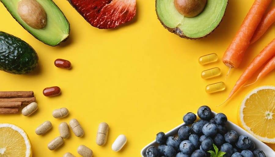 Visual representation of various methods to optimize vitamin D levels, including dietary sources, sunlight, and supplementation