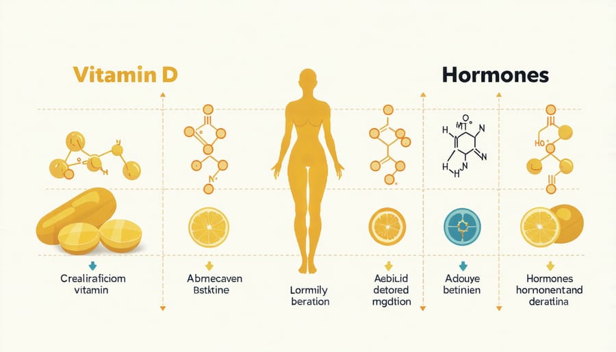 Conceptual diagram linking vitamin D to testosterone, estrogen, and thyroid hormones