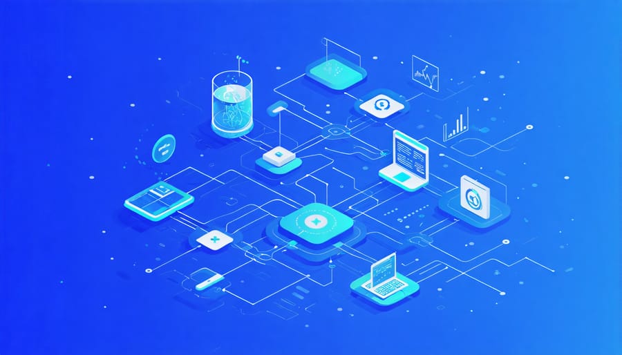 Digital illustration showing interconnected blocks containing health data with secure connections between medical devices and records