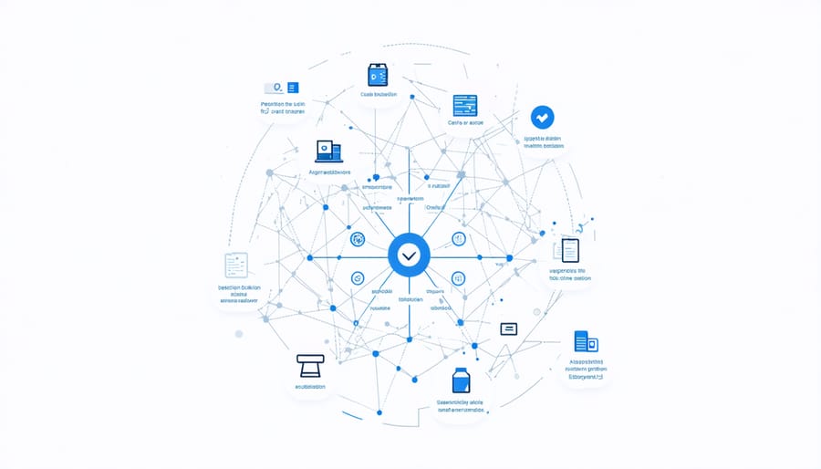Digital diagram showing how prescriptions are tracked and verified through blockchain technology