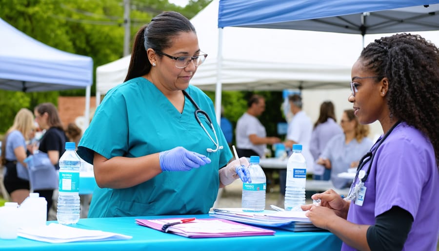 Healthcare workers performing blood pressure and diabetes screenings at a community health fair