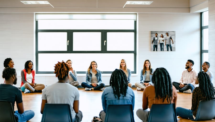 People sitting in a circle during a support group session, sharing experiences