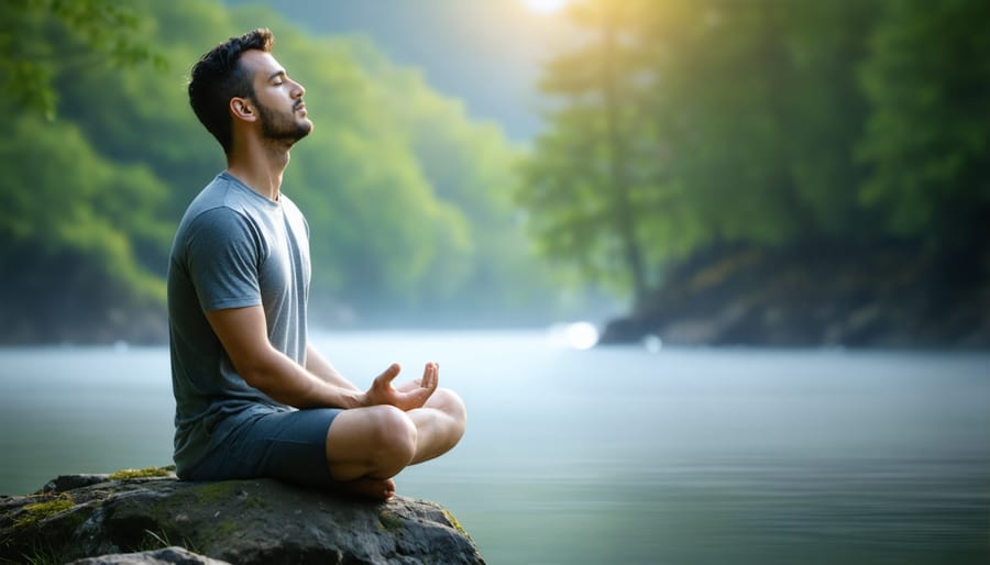 Person sitting cross-legged with hands on belly, demonstrating proper diaphragmatic breathing posture