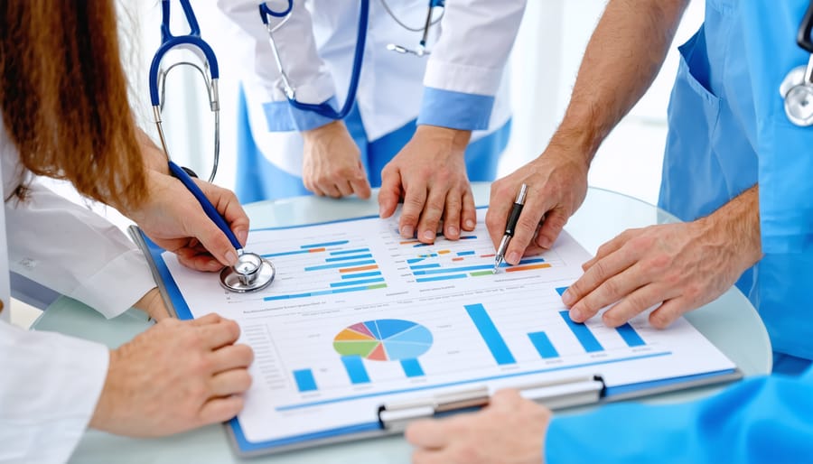 Diverse medical team including doctor, naturopath, and mental health professional discussing patient care