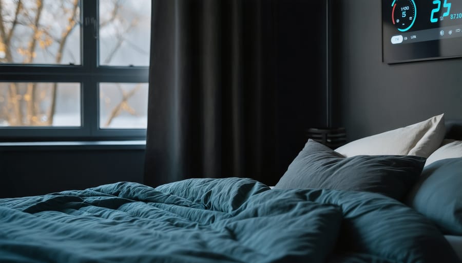 Peaceful bedroom setup with optimal sleep conditions including dark curtains and temperature control