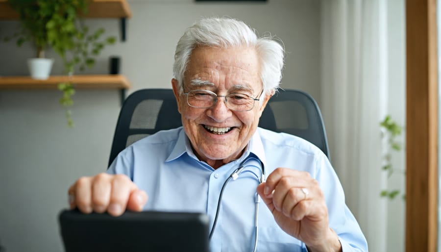 Elderly patient using telemedicine kit for remote health monitoring with doctor