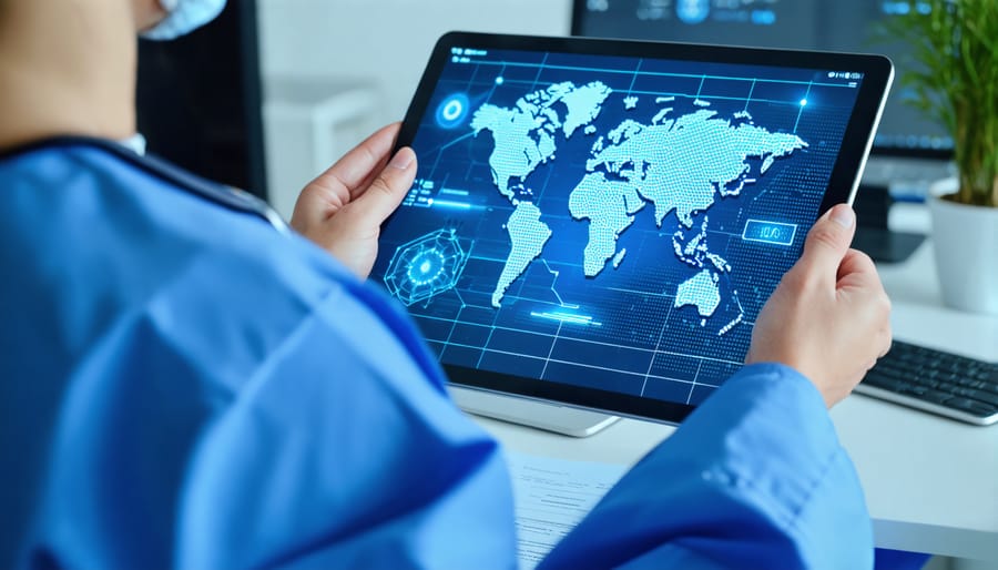 Doctor viewing secure patient information on a tablet with visible blockchain encryption symbols