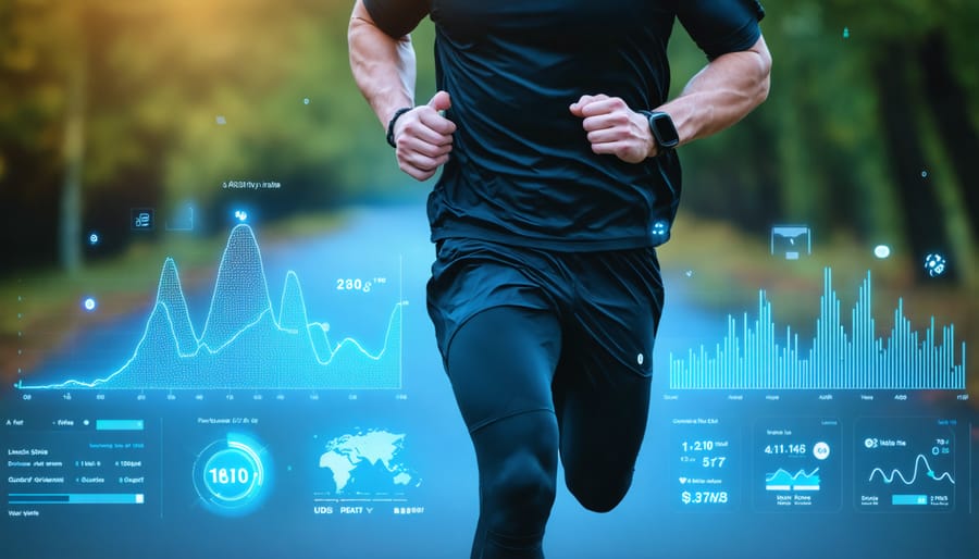 Active person wearing fitness tracker with digital health metrics displayed