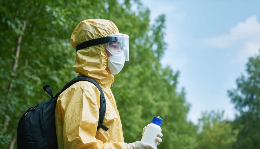 Individual wearing long sleeves, pants, and applying insect repellent for vector protection