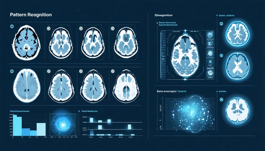AI system analyzing medical imaging data with highlighted pattern recognition indicators