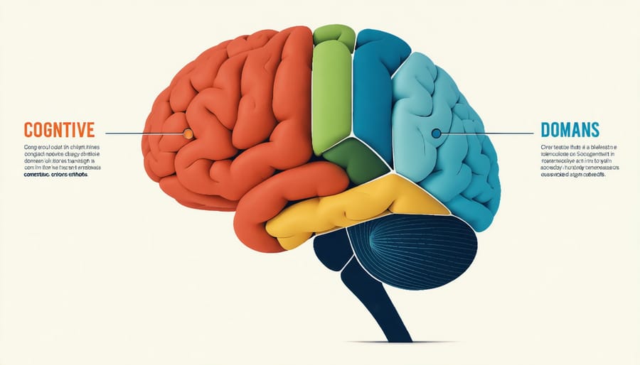 Illustrated diagram of the human brain showing memory, attention, language, executive function, and visual-spatial processing areas