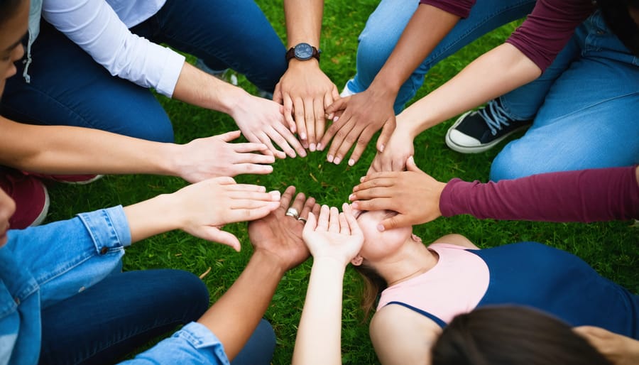 Community support group meeting with people actively engaged in discussion
