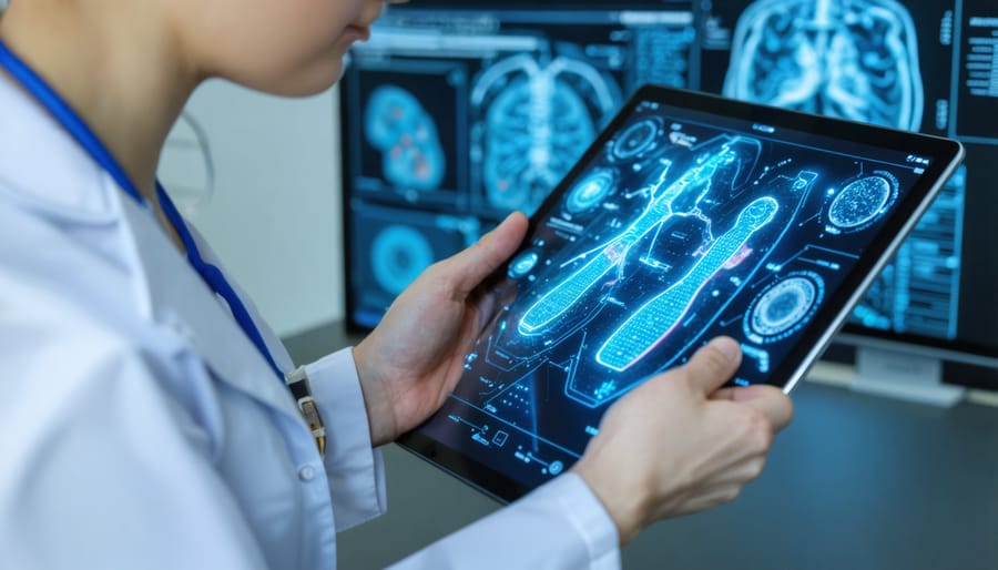 Doctor and patient discussing AI diagnostic information displayed on a tablet screen