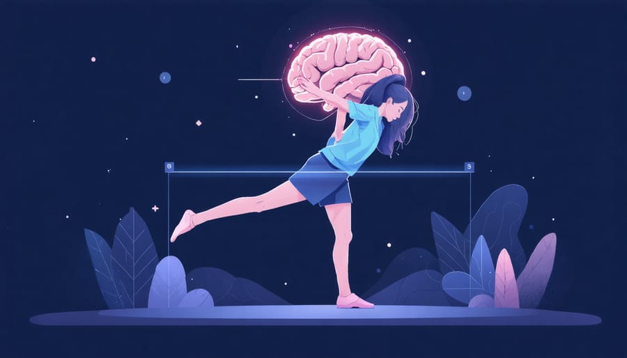 Individual performing balance training with overlay showing activated brain areas