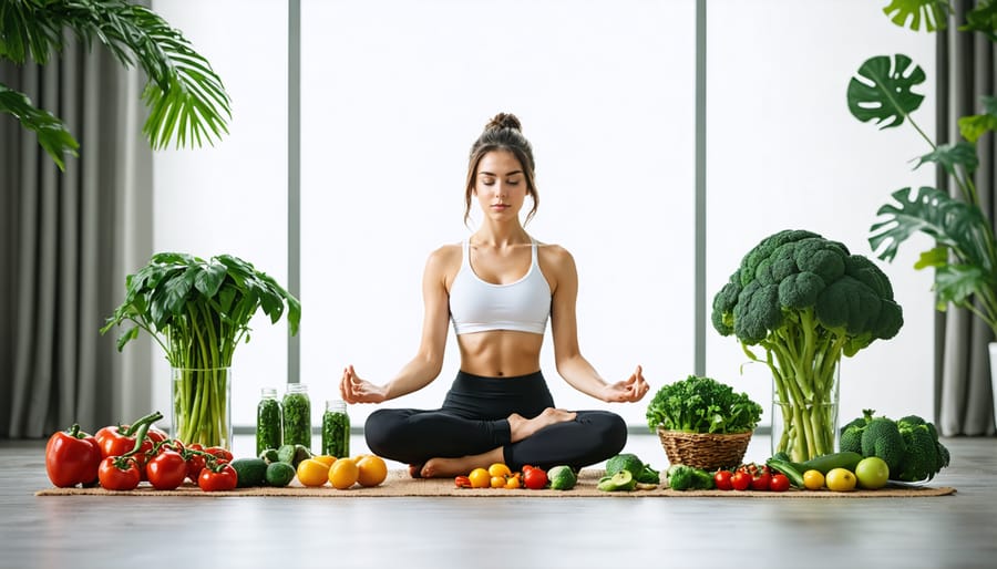 Collection of items representing healthy lifestyle choices including yoga mat, fresh vegetables, and running shoes