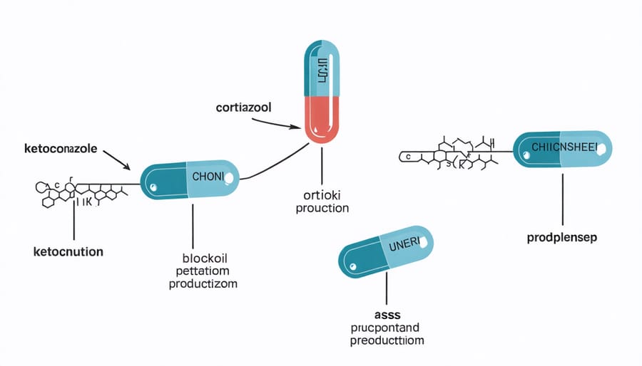 Diagram illustrating how ketoconazole interacts with enzymes to inhibit cortisol synthesis