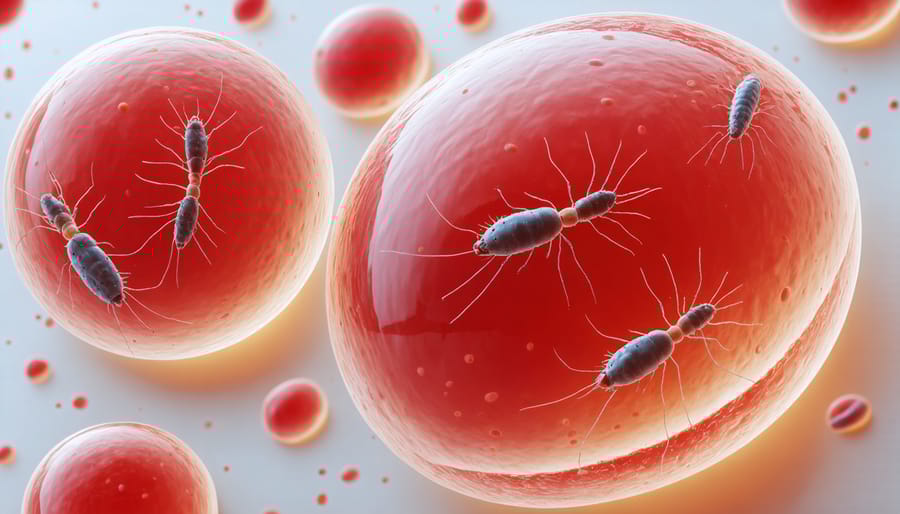 Microscope image of malaria parasites (Plasmodium) infecting human red blood cells