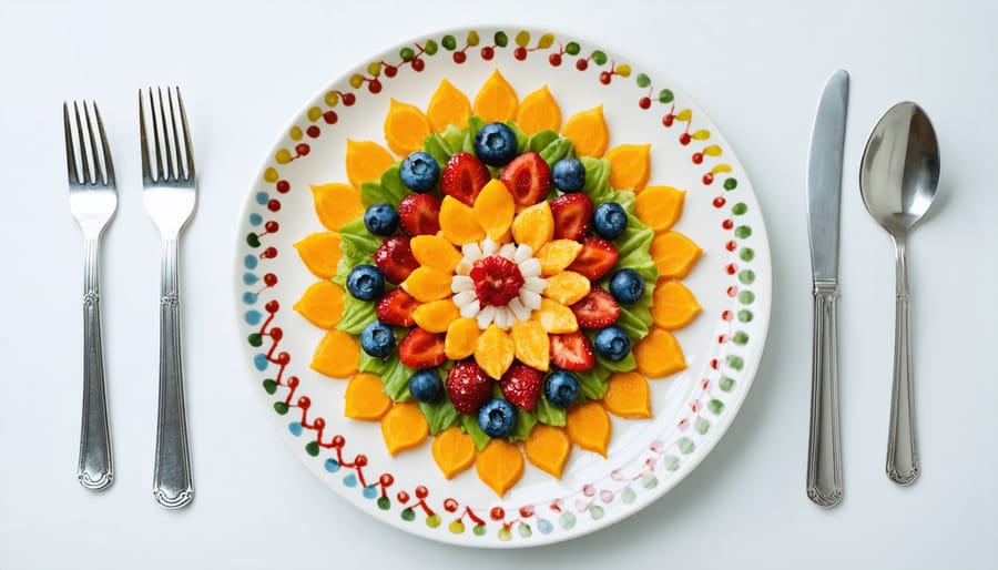 Balanced meal with colorful vegetables, whole grains, and proteins arranged in a mindful pattern