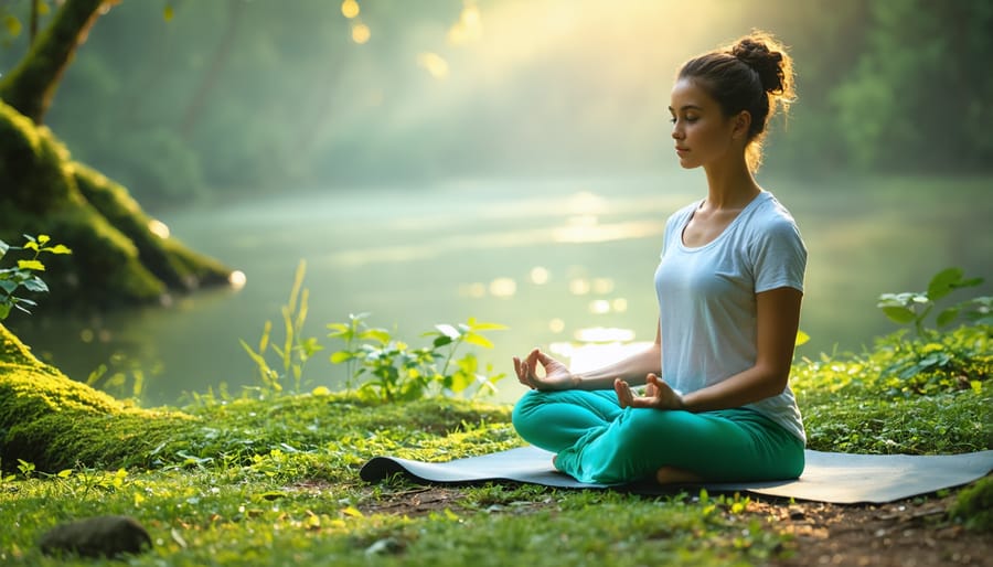 Individual in peaceful meditation pose surrounded by nature, demonstrating mindful movement practice
