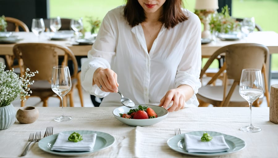 Individual practicing mindful eating at a peaceful dining setting