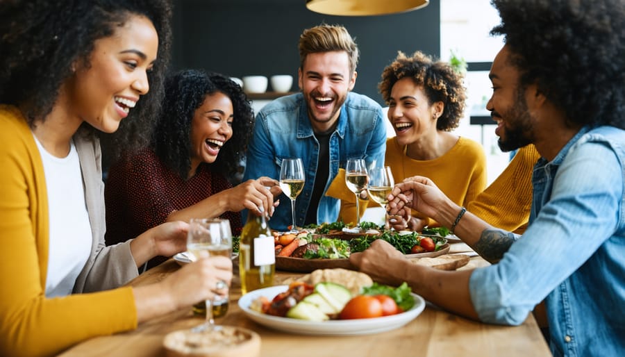 Diverse group enjoying social connection through shared meal time