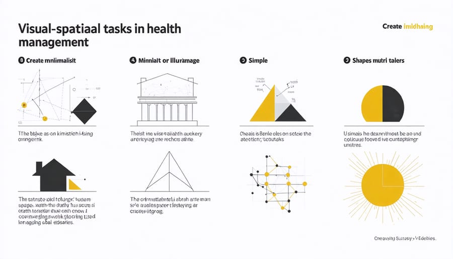 Visual representation of health-related spatial tasks including reading prescription labels, understanding medical charts, and following exercise instructions