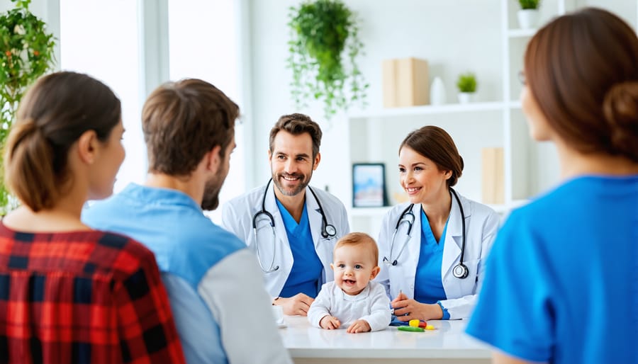 Healthcare professionals and families in a bright, modern Alberta integrated care facility