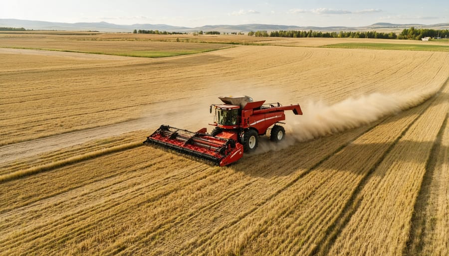 Vast golden wheat fields in Alberta with combine harvesters working in parallel rows