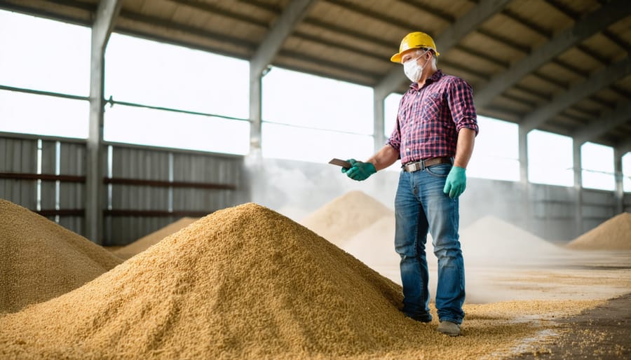 Agricultural worker wearing protective gear while managing separate storage units for different grain types