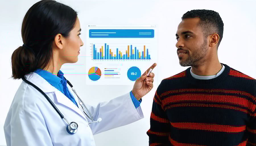 Medical professional and patient using digital language translation device during consultation