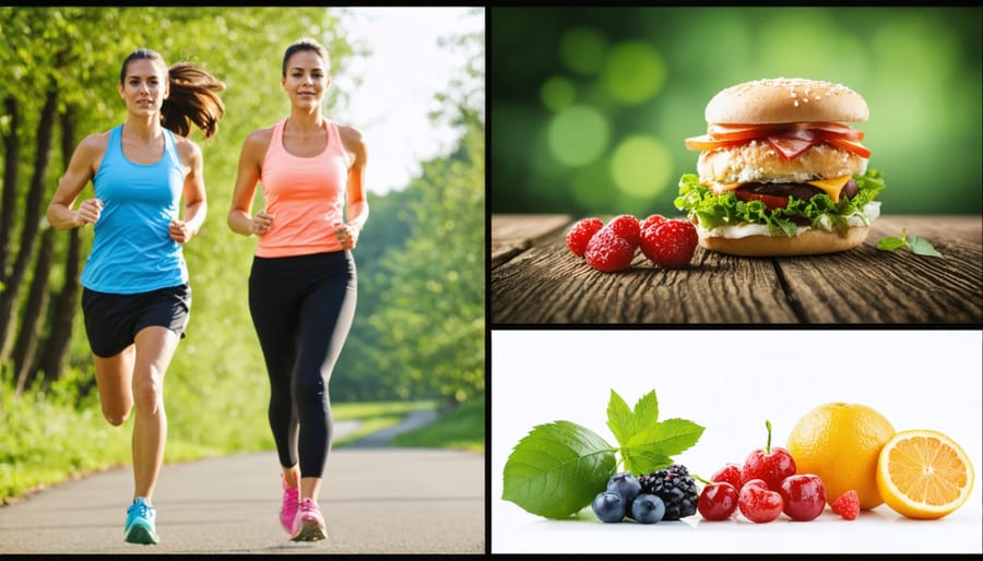 Grid of four images showing people exercising, preparing healthy food, getting good sleep, and practicing meditation