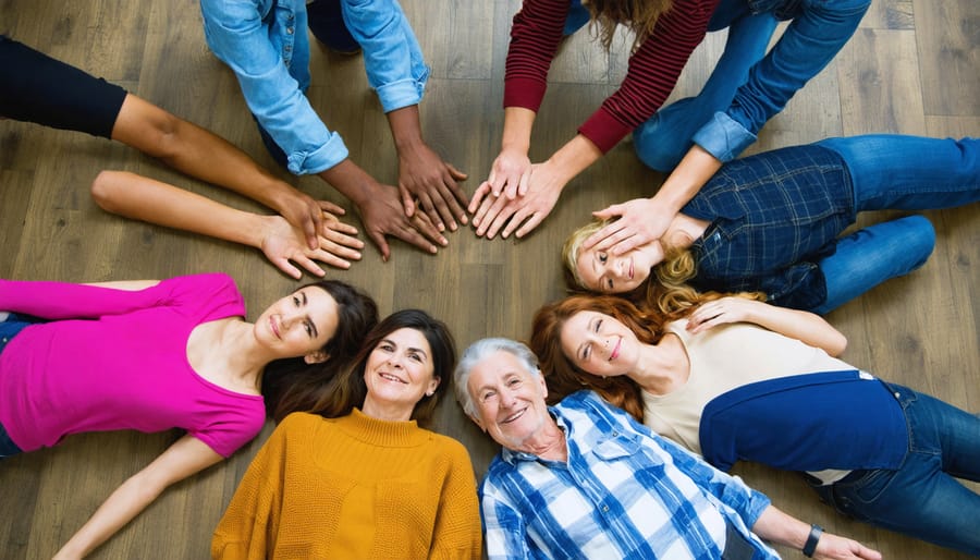 Multicultural support group meeting with people sitting in a circle sharing experiences