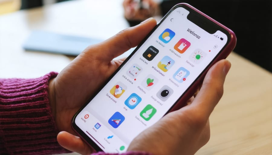 Smartphone screen showing integrated health apps for nutrition, stress, and fitness tracking