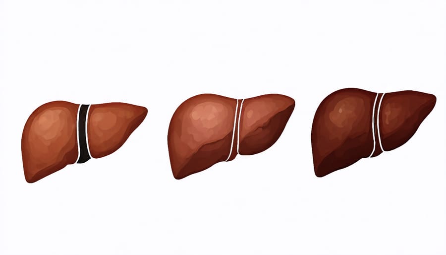 Anatomical diagram showing healthy liver transforming through fatty liver, alcoholic hepatitis, and cirrhosis stages
