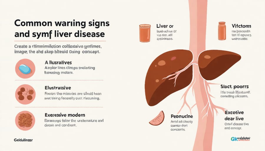 Visual representation of liver disease symptoms including jaundice, fatigue, and abdominal pain
