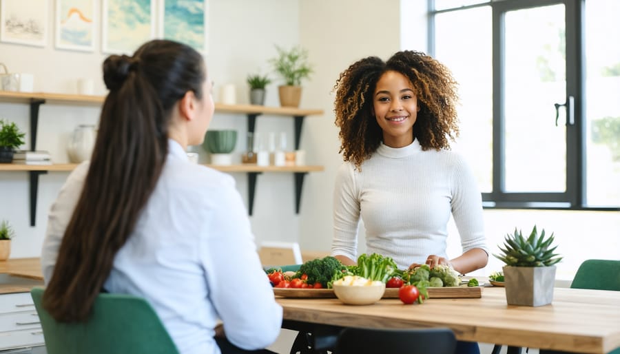 Female dietitian and client having a thoughtful discussion in a modern wellness office