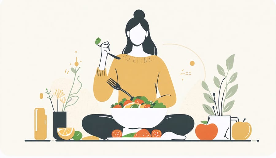 Individual mindfully eating a colorful, balanced meal at a peaceful dining setting