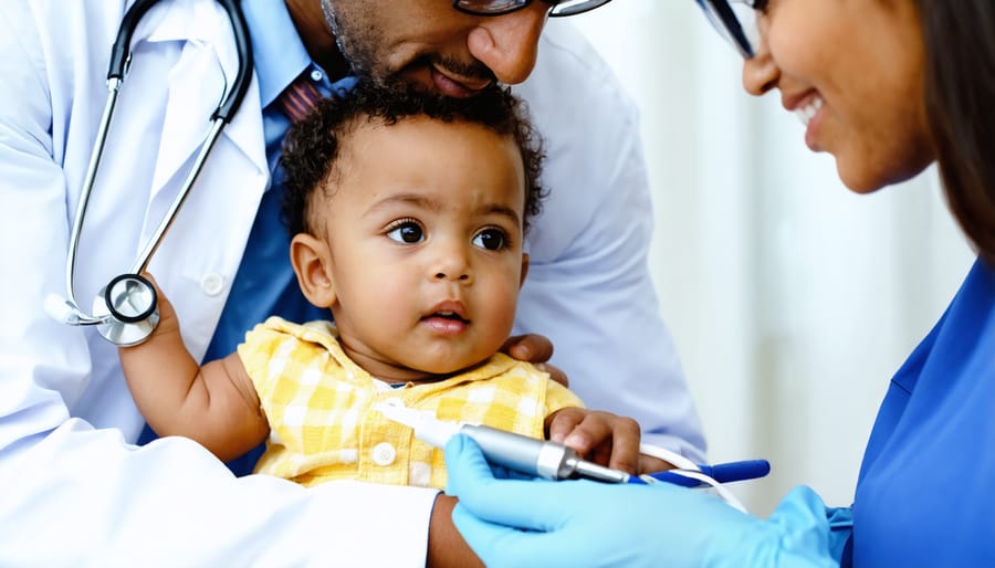 Doctor conducting health check-up on child with parent present