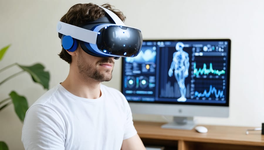 Individual using virtual reality balance platform with real-time performance data visualization