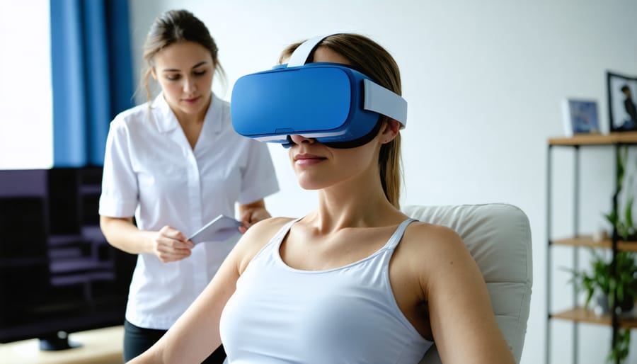 Healthcare professional assisting patient using virtual reality equipment during rehabilitation session