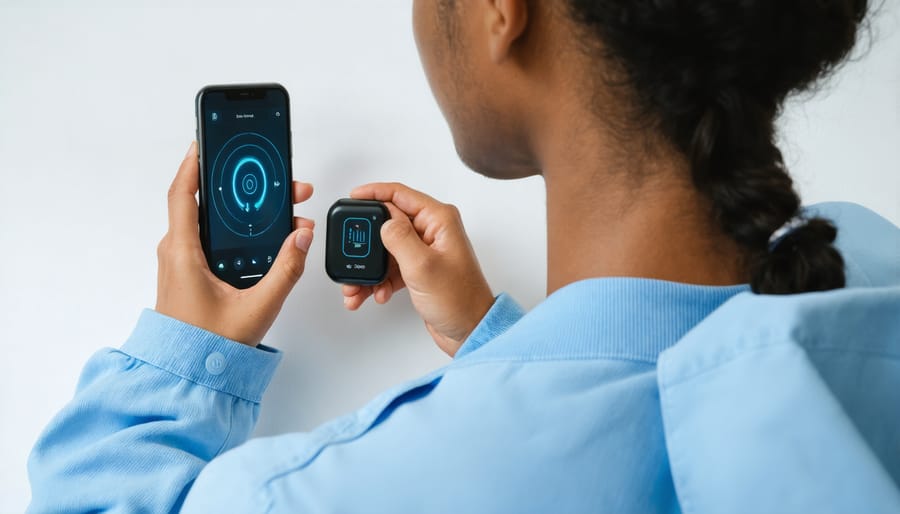 Individual configuring a new fitness tracker while following setup instructions on smartphone