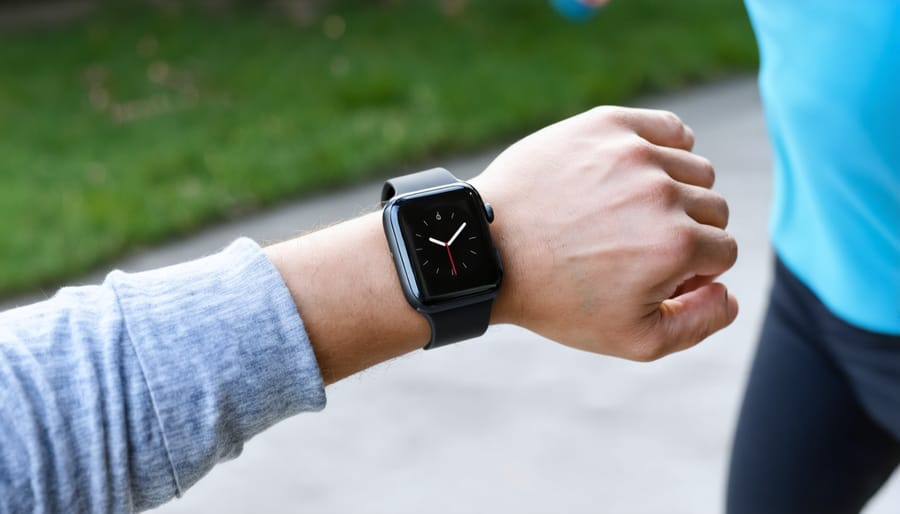 Individual checking health metrics on smartwatch during workout