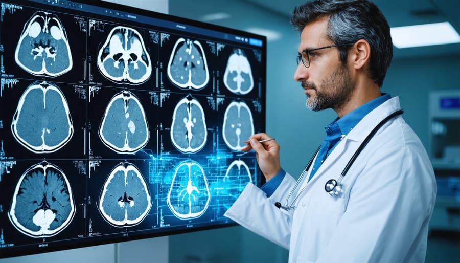 Healthcare professional analyzing medical imaging with AI-assisted diagnostic interface