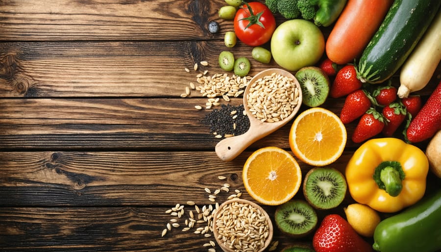 Balanced healthy meal with diverse colorful foods including vegetables, fruits, whole grains, and proteins