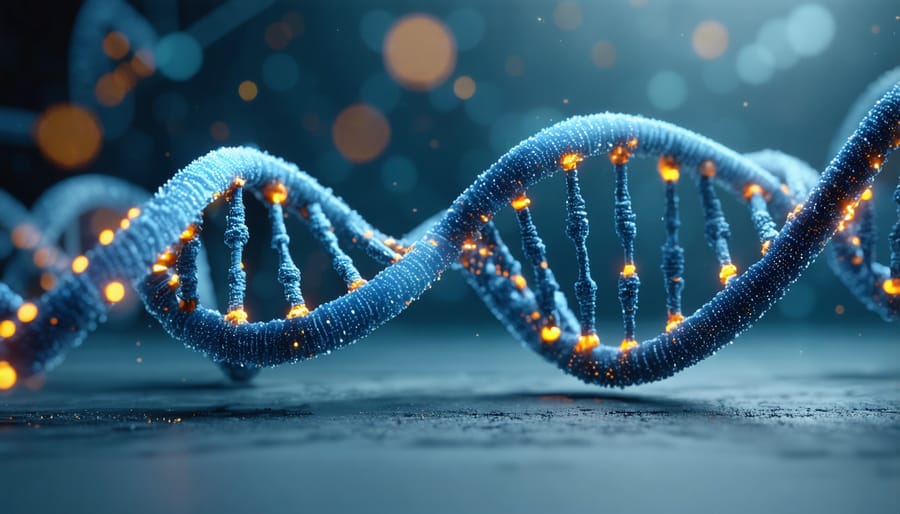 Colorful 3D illustration of DNA structure with glowing markers representing genetic variations