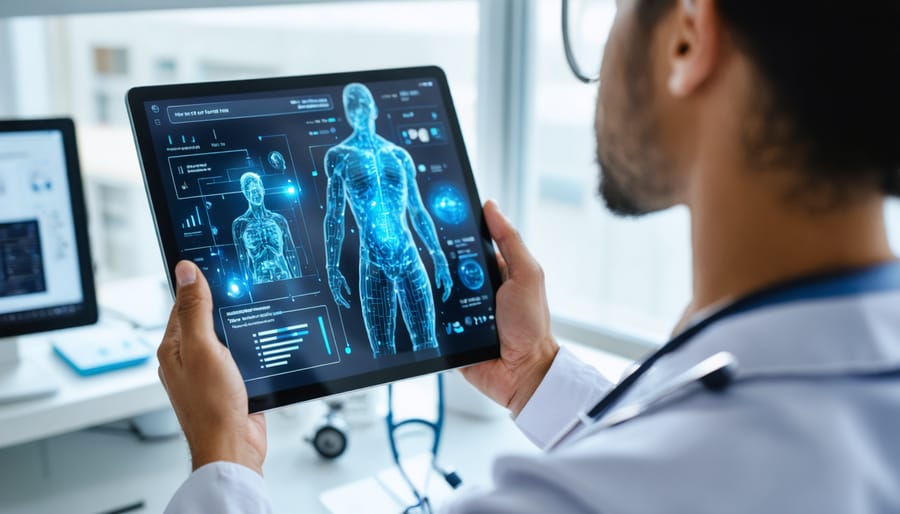 Doctor and patient discussing AI health predictions using a tablet device